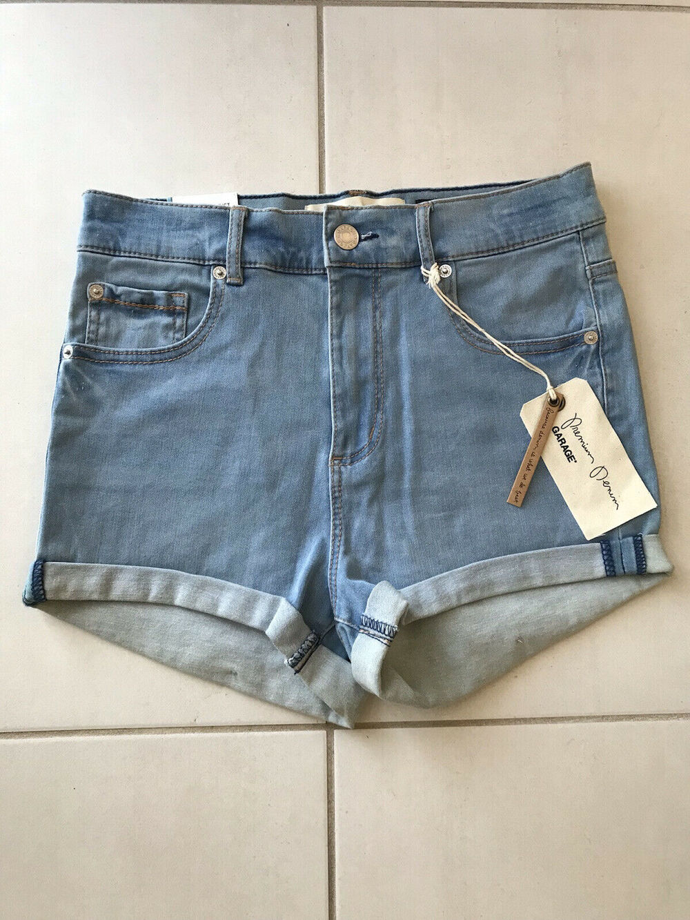 Garage Retro High Waist Cuffed Soft Stretch Denim Shorts